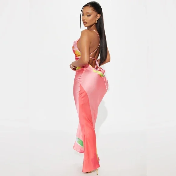 Fashion Nova Amora Floral Satin Maxi Dress - Coral/combo XS - Picture 2 of 3